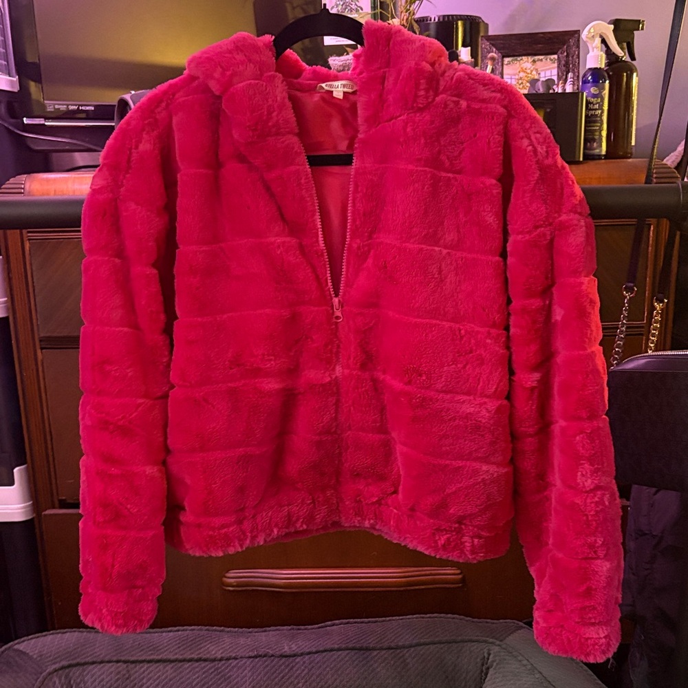 Stella Tweed Vibrant Pink Faux Fur Jacket